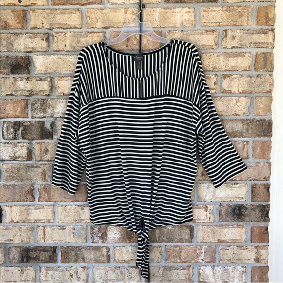 Chico’s Travelers Made in Usa Black & White Stripe Tie-Front 3/4 Sleeve Top 3 L - Picture 3 of 15